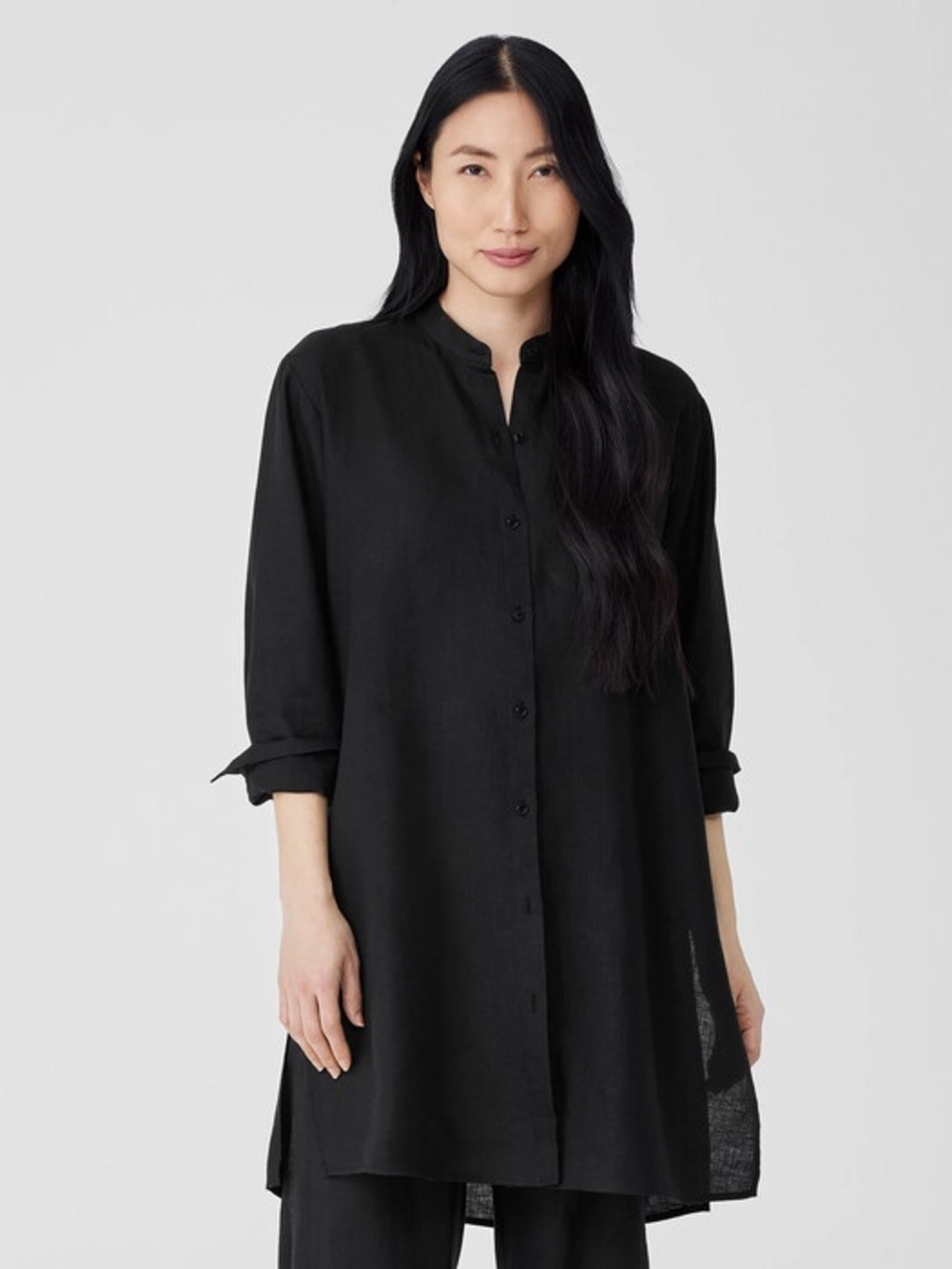Eileen Fisher Handkerchief Linen Mandarin Collar Long Shirt